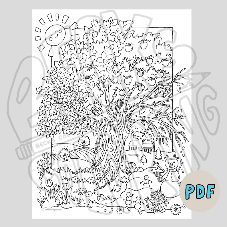 FOUR SEASONS Tree Coloring Page - Printable Page -seasonal Art Coloring ...