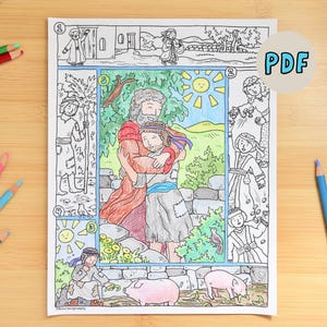 Może przedstawiać: Kolorowanka PDF przedstawiająca scenę biblijną z mężczyzną obejmującym młodszą osobę, otoczoną innymi ilustrowanymi postaciami i zwierzętami. Obraz jest częściowo pokolorowany, z kredkami w pobliżu.