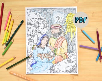 Jesus Birth Nativity Coloring | Mary and Joseph Activity Page | Christian School Printable | Sunday School |Christmas Teaching Coloring Page