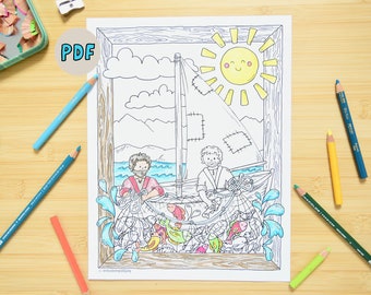 PDF Printable - Jesus Fish Miracle Coloring Page, Christian Homeschool School Printable Sunday School VBS -Handdrawn Teaching Coloring Page