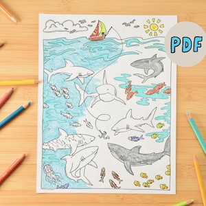 Shark Circling Page, Cute Ocean Themed Coloring Page - Printable Ocean Art Coloring - Classroom Activity Teaching -Sharks Art Under the Sea