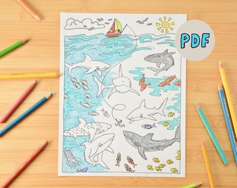 Shark Circling Page, Cute Ocean Themed Coloring Page - Printable Ocean Art Coloring - Classroom Activity Teaching -Sharks Art Under the Sea