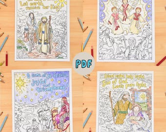 Nativity Christmas Coloring Page Set | Jesus Birth Wisemen Shepherds Mary & Joseph Bethlehem | Printable | Christmas Hymn Download Activity