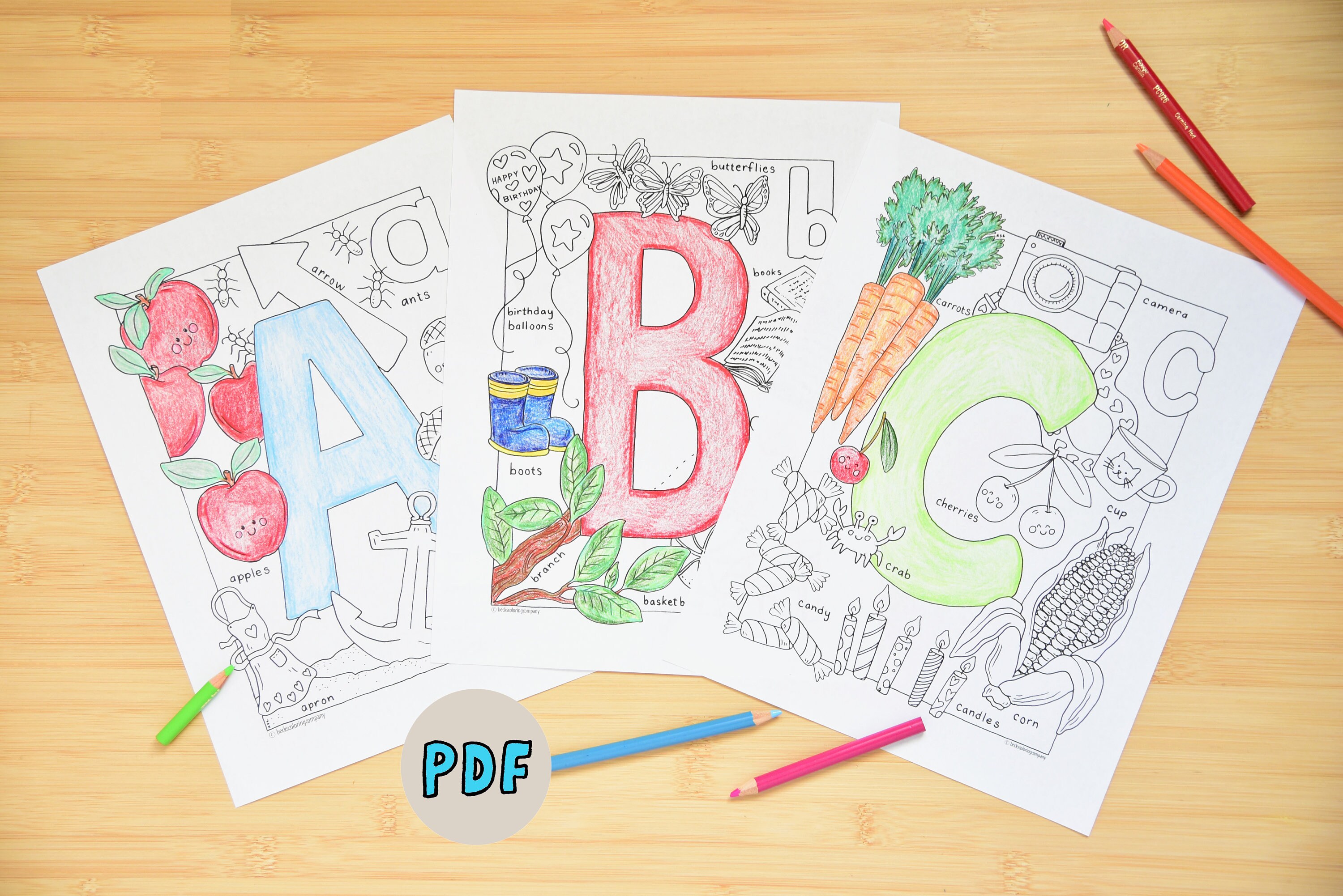 ABC Coloring 26 Page Set - Printable ABC Kids Coloring, Homeschool Preschool Baby First ABC Kindergarten Handdrawn Detail Teaching Coloring