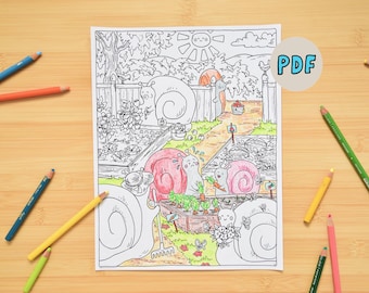 Snail Garden Day | Coloring Page | Cute Snail Activity Coloring Sheet for Kids | Printable Happy Snails | Classroom Instant Download