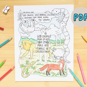 Day 6 of Creation Coloring Page | Bible Christian Homeschool Sunday School VBS | Genesis Creation Teaching Craft | Instant Download Page