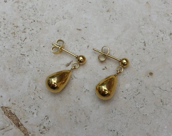 Small Gold Waterdrop Earrings, 18K Gold Drop Earrings, Teardrop Earnings