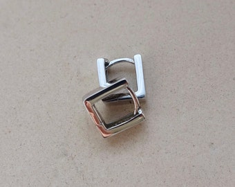 Mini Square Hoop Earrings in Sterling Silver, Mini Silver Huggie Earrings, Geometric Silver Earrings