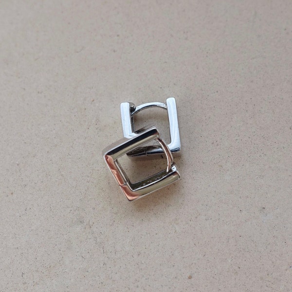 Mini Square Hoop Earrings in Sterling Silver, Mini Silver Huggie Earrings, Geometric Silver Earrings