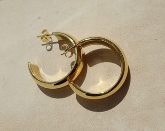 Chunky Gold Hoop Earrings, Thick 18K Gold Hoops, Medium Bold Hoops