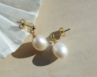 Large Pearl Earrings, Natural Freshwater Pearl Earrings, Gold Pearl Earrings