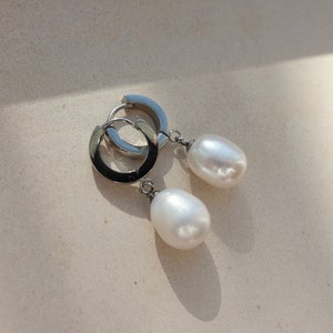 Pearl Silver Hoop Earrings, Large Pearl Silver Hoops, Natural Pearl Silver Earrings image 2