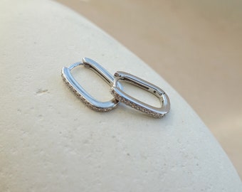 Sterling Silver Oval Hoop Earrings, Small Silver Hoops, Cubic Zirconia Silver Hoops