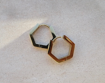 Gold Huggie Earrings, Hexagonal Small Gold Hoops, Geometric Gold Earrings