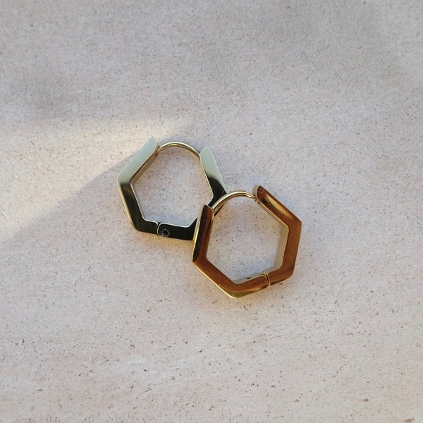 Gold Huggie Earrings, Hexagonal Small Gold Hoops, Geometric Gold Earrings