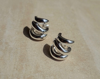 Sterling Silver Triple Hoop Earrings, Silver Chunky Hoop Earrings, Irregular Silver Hoops