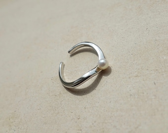 Sterling Silver Ear Cuff With Natural Pearl, Irregular Shape Ear Cuff, Contemporary Silver Ear Cuffs