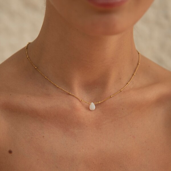 Enkele Maansteen Gouden Ketting, Teardrop Maansteen Choker, Gouden Ketting met Maansteen Hanger