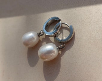 Pearl Silver Hoop Earrings, Large Pearl Silver Hoops, Natural Pearl Silver Earrings