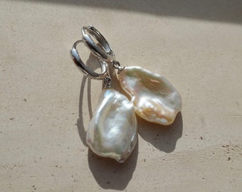 Baroque Pearl Hoop Earrings, Large Pearl Hoops, Natural Pearl Silver Hoops