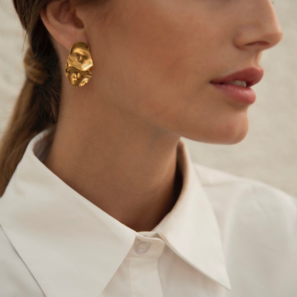 Irregular Large Stud Earrings, Gold Contemporary Melted Earrings, Statement Gold Earrings, Minimalist Handmade Jewellery