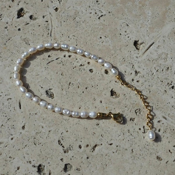 Natural Pearl Bracelet, 18K Gold Freshwater Pearl Bracelet, Pearl Beaded Bracelet