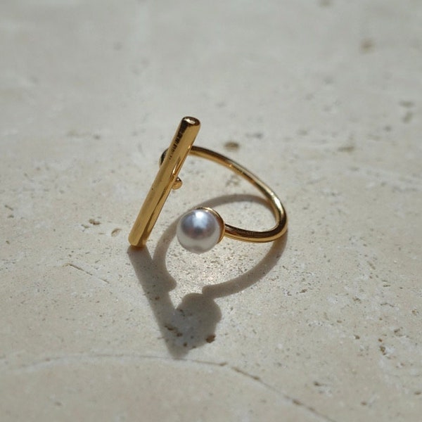 Bar Gold Pearl Ring - Minimalist 18K Gold Pearl Ring - Adjustable Freshwater Pearl Ring