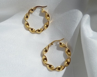 Twisted Gold Hoop Earrings - Twist 18K Gold Hoops - Tarnish Free Jewellery