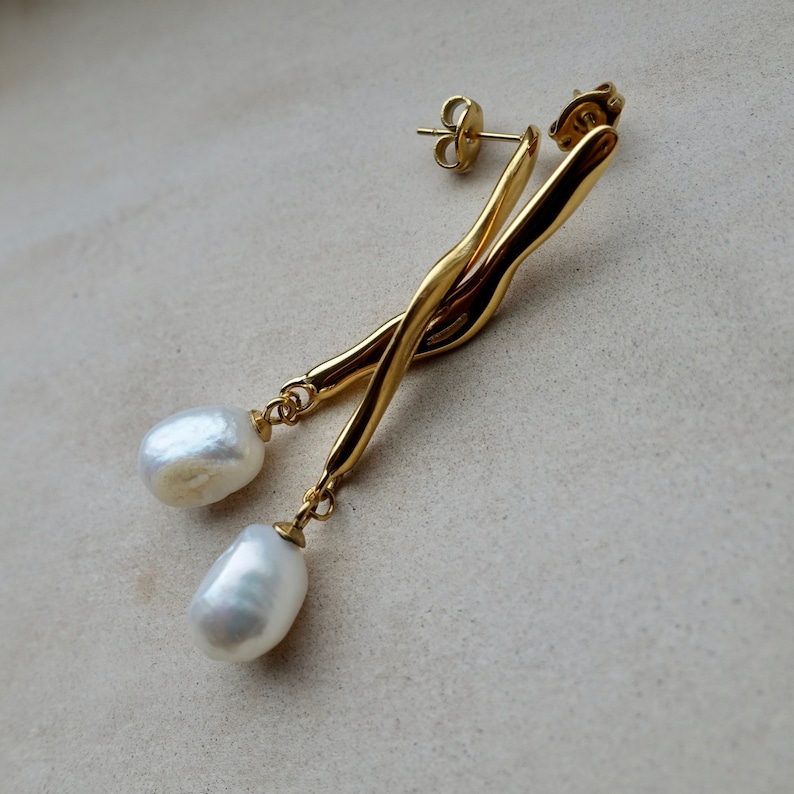 Pearl Drop Earrings, Natural Pearl Contemporary Earrings, Pearl Gold Earrings image 4