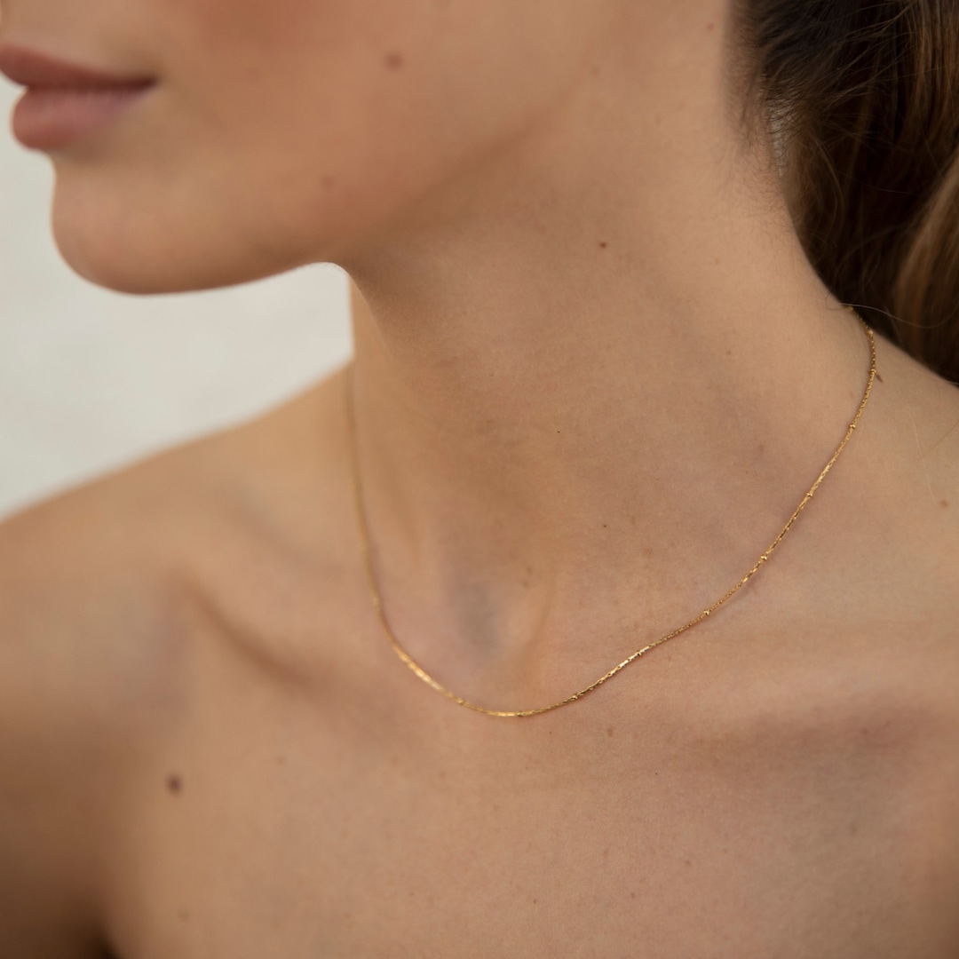 Beaded Gold Fine Necklace, 18K Gold Fine Necklace, Layering Necklace