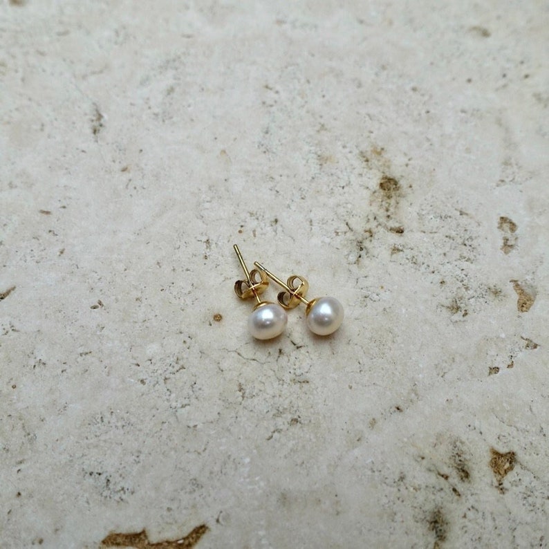 Freshwater Pearl Stud Earrings, Real Pearl Earrings in Gold, Small Pearl Earrings image 1