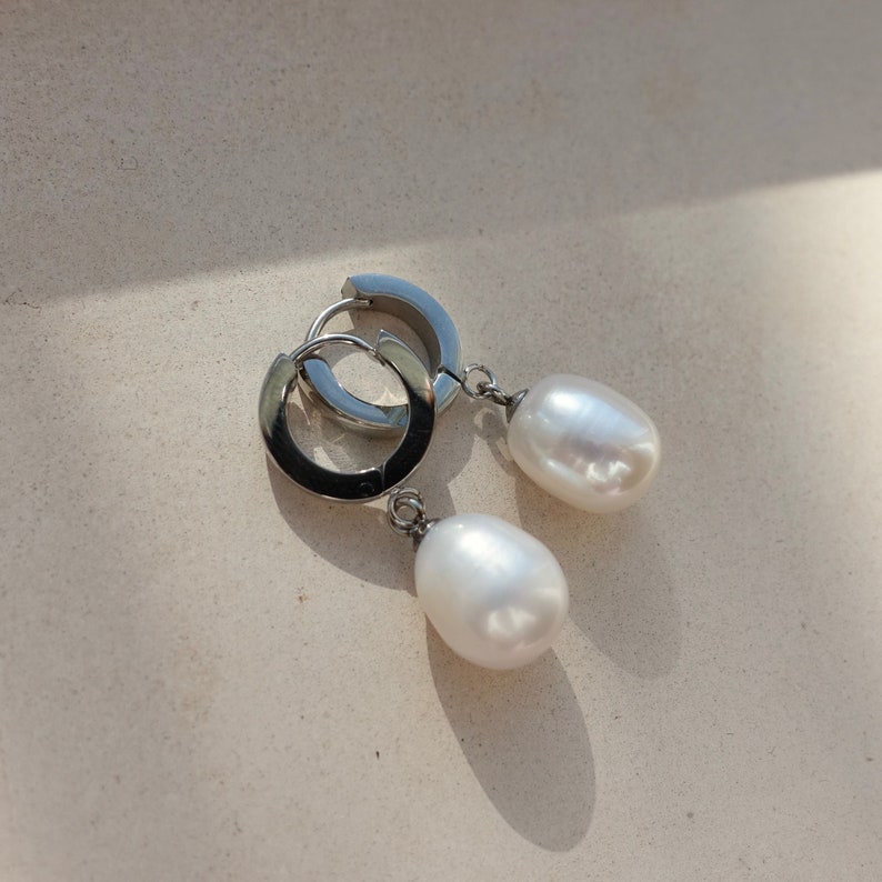 Pearl Silver Hoop Earrings, Large Pearl Silver Hoops, Natural Pearl Silver Earrings image 2