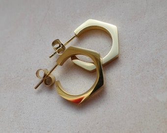Hexagonal Small Gold Hoops, Geometric Gold Earrings