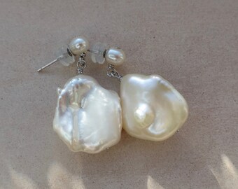 Large Baroque Pearl Dangle Earrings, Silver Pearl Drop Earrings, Natural Pearl Earrings