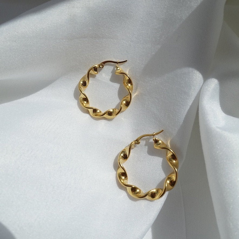 Twisted Gold Hoop Earrings Twist 18K Gold Hoops Tarnish Free Jewellery image 1