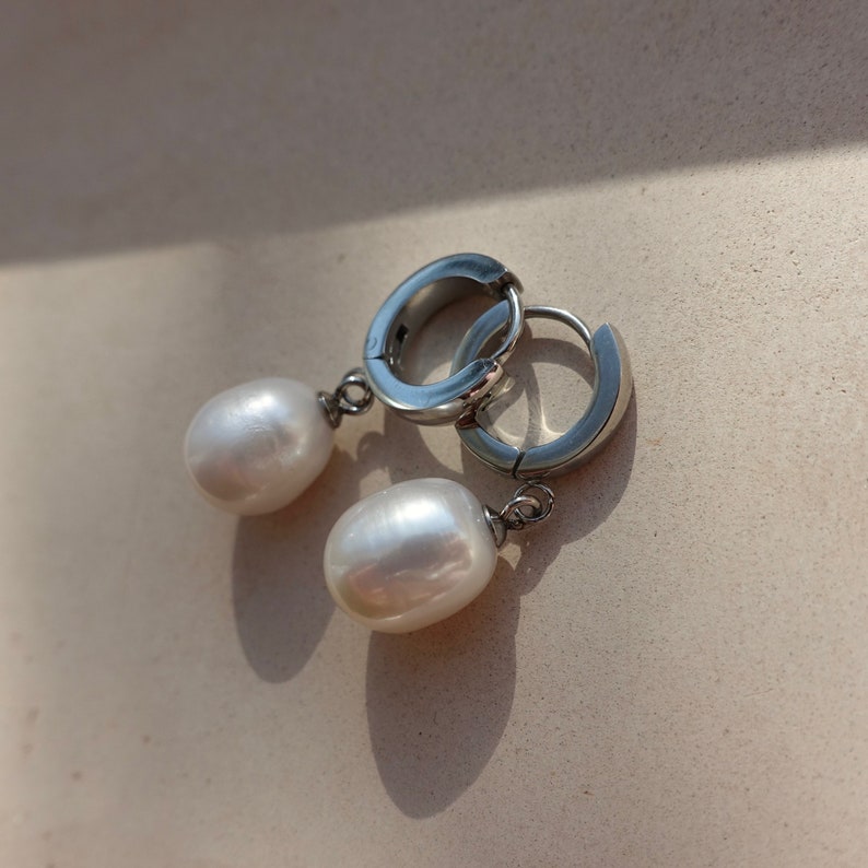 Pearl Silver Hoop Earrings, Large Pearl Silver Hoops, Natural Pearl Silver Earrings image 1