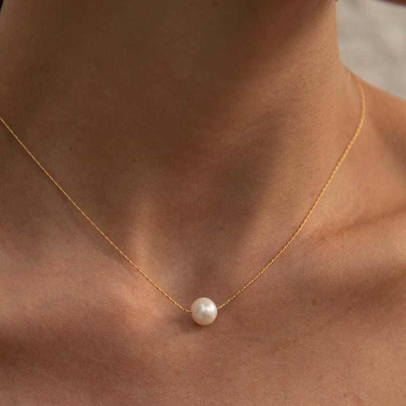 Round Natural Pearl Pendant Necklace Dainty Pearl Gold Necklace 18K Gold Single Pearl Necklace image 4