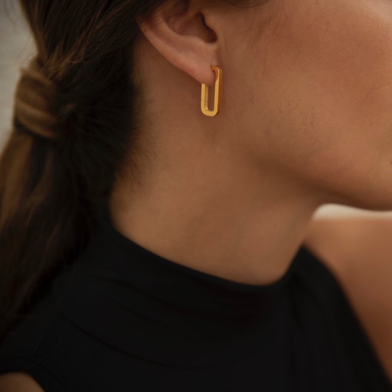 Gold Rectangle Hoop Earrings, Geometric Gold Earrings, Minimalist Gold Earrings image 3