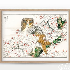 Impression d'art hibou, oiseau vintage, art mural japonais, hibou vintage, fleurs de cerisier, art asiatique antique, cadeau de mariage, papier de haute qualité