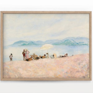 Vintage Beach Art, Neutral Color, Summer Painting, St. Tropez, French Riviera, Sand Umbrella, Tropical Print, Tents, Calm Seascape 28-5-3