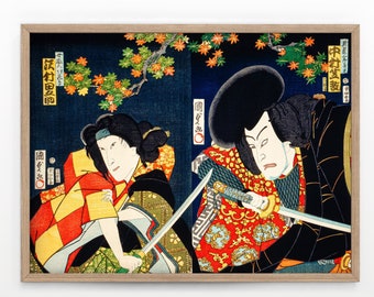 Japanese Art Print, Horizontal Wall Art, Vintage Japanese, Retro Art, Warrior Poster, Toyohara Kunichika, Dine room poster, Gift for him