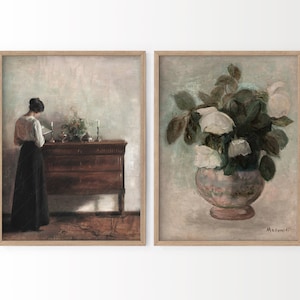 Antique Portrait Painting, Oil Flower Art, Flower in a Vase, Vintage European, Rustic Neutral Art, Farmhouse, Set of 2 Wall Decor, 1800 Art