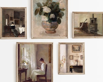 Set of 5 Antique oil painting reproduction Classic interior scene Old masters Historical room decor Elegant wall decor Old world charm decor