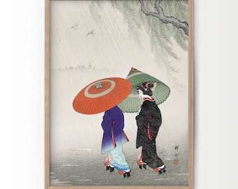 Ohara Koson Print: Japanese Women in Rain, Vintage Art Poster