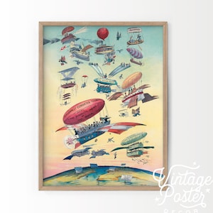 Arte francés vintage, impresión de globo, habitación infantil, art déco, regalo de cumpleaños, transporte para habitación infantil, póster de museo, tamaños pequeños y grandes