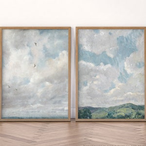 Vintage Cloud Print, Set of 2 Poster, Muted Sky Art, Antique Landscape, Oil Art, Mountain Art, Calm View, Above Sofa, Bedroom Art, Farmhouse