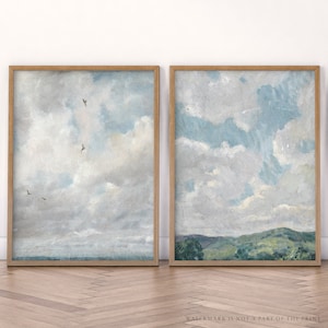 Vintage Cloud Print, Set of 2 Poster, Muted Sky Art, Antique Landscape, Oil Art, Mountain Art, Calm View, Above Sofa, Bedroom Art, Farmhouse