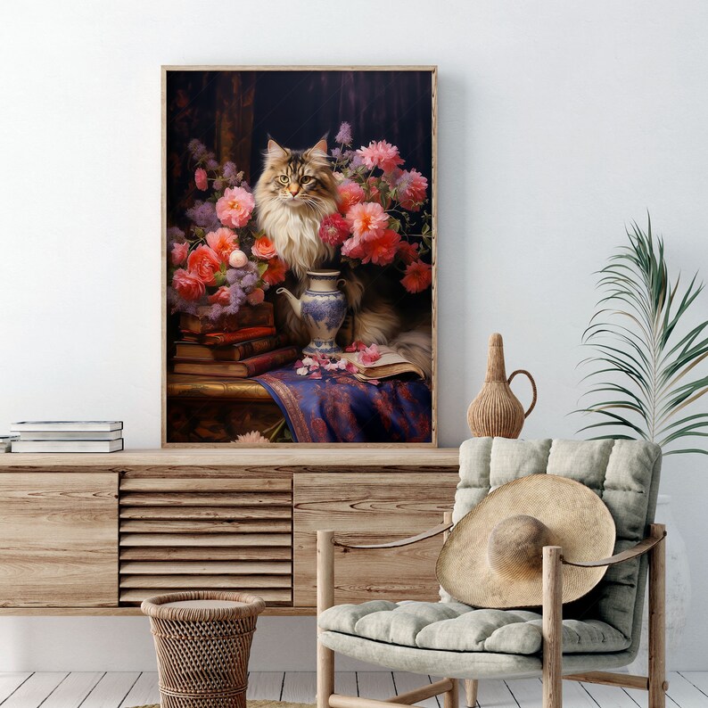 Fleurs et chats, cadeau pour amoureux des chats, impression de chat, nature morte de fleurs sombres, peinture à l'huile ancienne, art félin, art floral de mauvaise humeur, impression de pivoines, maine coon image 6