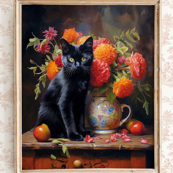 Beau chat noir Floral nature morte peinture Impression de chat Cadeau d’amant de chat Peinture à l’huile antique Art floral de mauvaise humeur Fleurs dans un vase Bombay chat