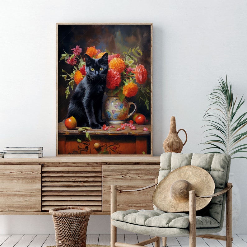 Beautiful black cat Floral still life painting Cat print Cat lover gift Antique oil painting Moody flower art Flowers in vase Bombay cat image 3